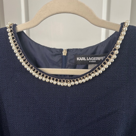 Karl Lagerfeld Paris Navy Pearl Neckline Dress | Classic Elegant - Picture 3 of 4